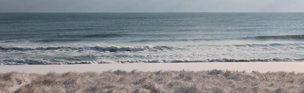 Ocean waves with white foam roll onto a light sandy beach. Dry dune grass fills the immediate foreground under a hazy gray sky.