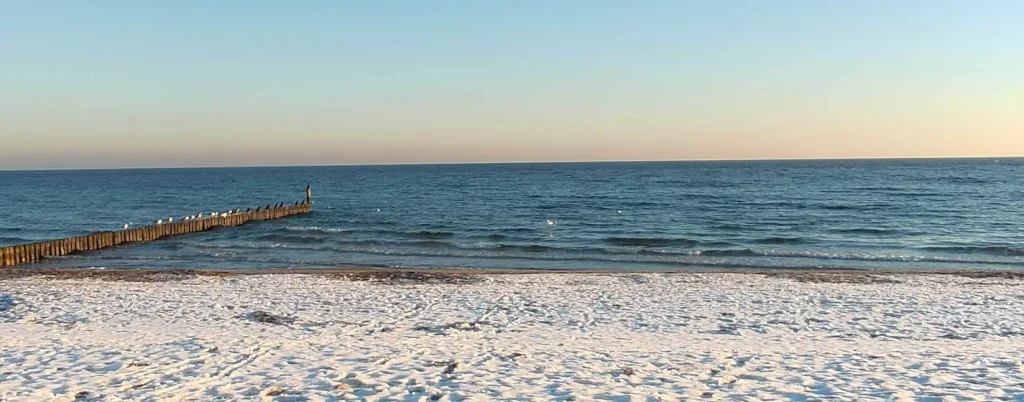 Snow-covered sandy beach in the foreground leads to a calm blue ocean. A wooden groyne or pier extends into the water from the left, lined with seagulls, under a clear sky transitioning from blue to soft orange near the horizon.